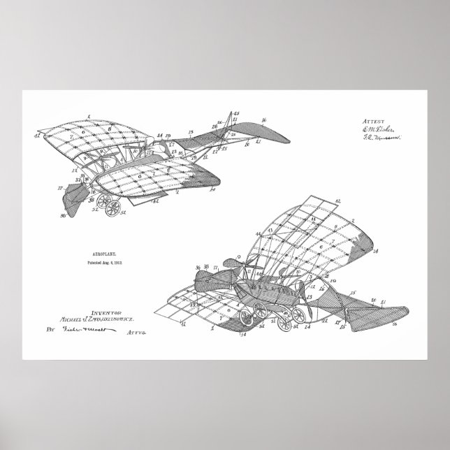 1912 Aeroplane Airplane Patent Art Drawing Print (Front)