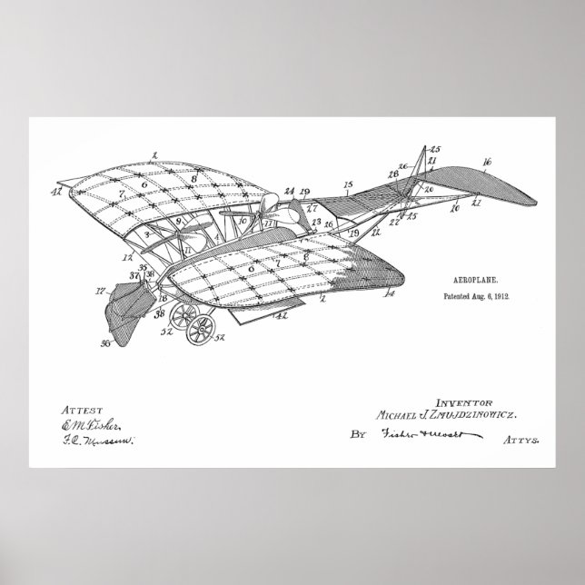 1912 Aeroplane Airplane Patent Art Drawing Print (Front)