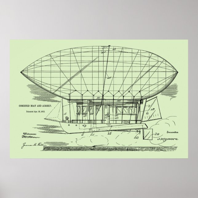 1912 Boat Airship Balloon Patent Art Drawing Print (Front)