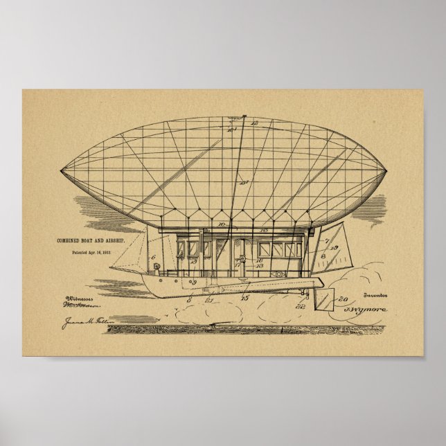 1912 Boat Airship Balloon Patent Art Drawing Print (Front)
