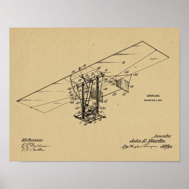 1912 Flying Machine Airplane Patent Art Drawing Poster (Front)