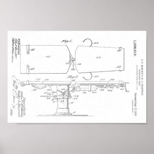 1912 Vintage Osteopathic Table Patent Art Print (Front)