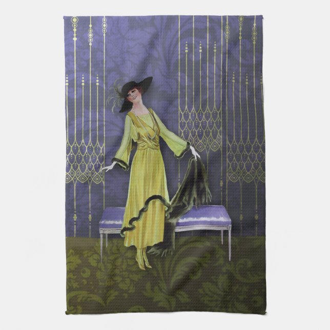 1913 LUXE: VINTAGE FASHION, Chartreuse, Periwinkle Kitchen Towel (Vertical)