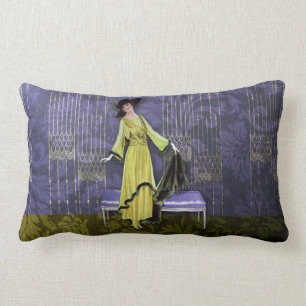1913 LUXE: VINTAGE FASHION, Chartreuse, Periwinkle Lumbar Pillow