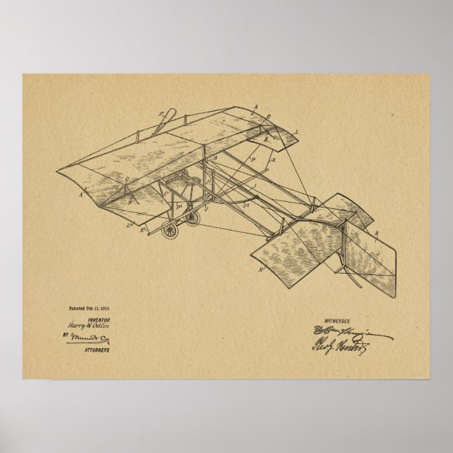1913 Vintage Airplane Patent Art Drawing Print (Front)