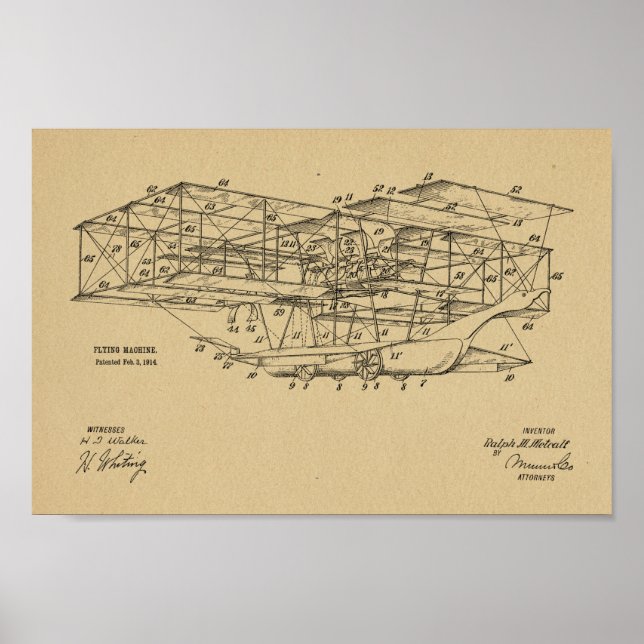 1914 Flying Machine Airplane Patent Art Drawing Poster (Front)