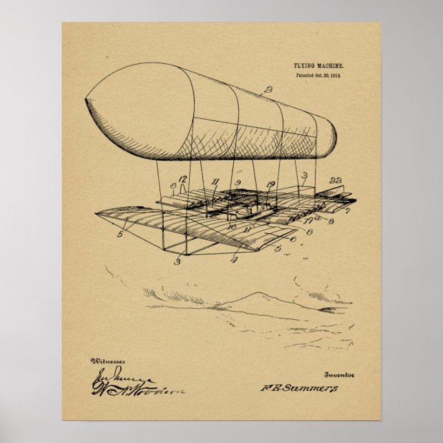 1914 Flying Machine Patent Art Drawing Print (Front)