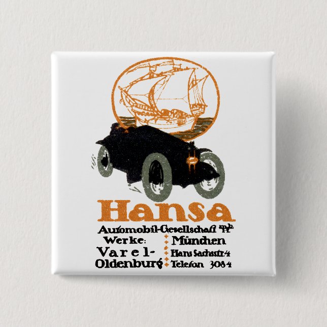 1914 Hansa Automobile 2 Inch Square Button (Front)