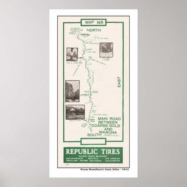 1914 Map, Coarse Gold to Wawona, Yosemite Poster (Front)