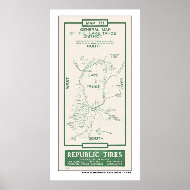 1914 Map of Lake Tahoe Poster (Front)