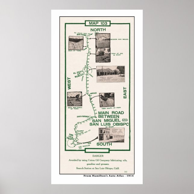 1914 Map, San Miguel to San Luis Obispo Poster (Front)