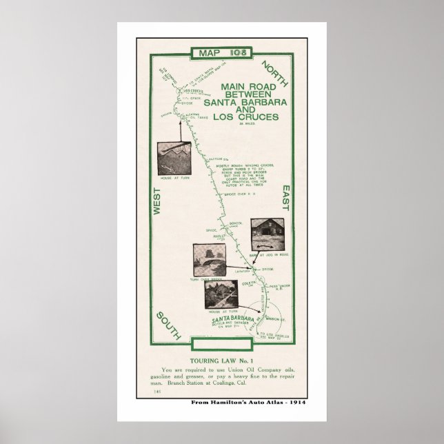 1914 Map, Santa Barbara to Los Cruces Poster (Front)
