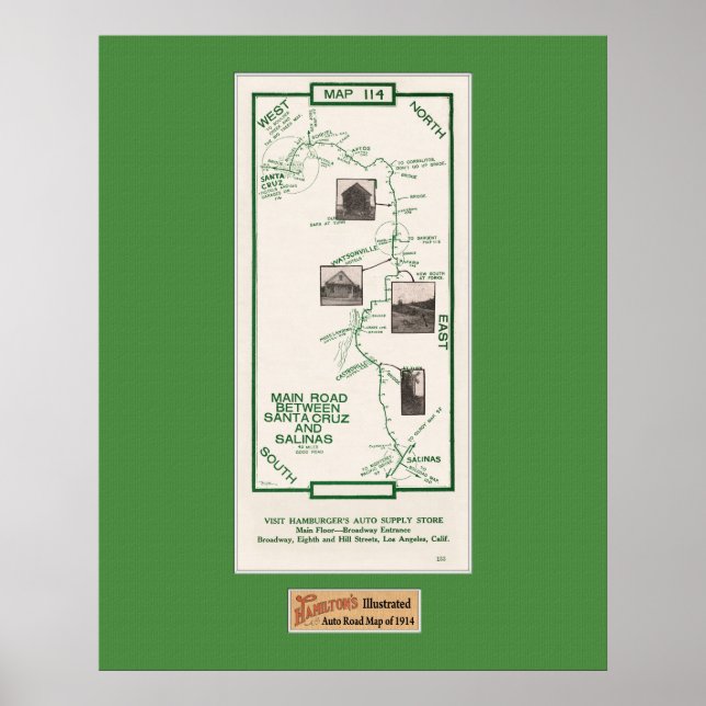 1914 Map, Santa Cruz to Salinas, Green Mat Poster (Front)