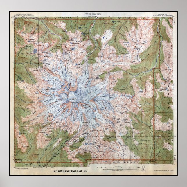 1915 MT. RAINIER TOPOGRAPHIC MAP POSTER (Front)
