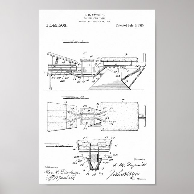 1915 Vintage Chiropractic Table Patent Art Print (Front)