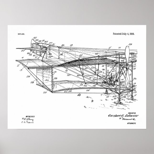 1916 Airplane Biplane Patent Drawing Art Print (Front)