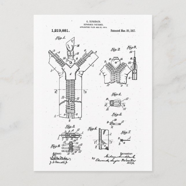 1917 Patent of the "Separable Fastener" Zipper Postcard (Front)