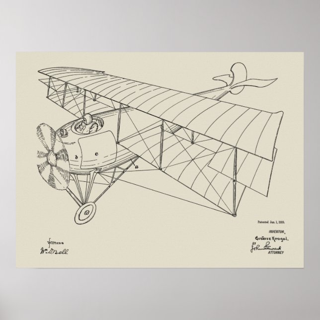 1918 Biplane Airplane Patent Art Drawing Print (Front)