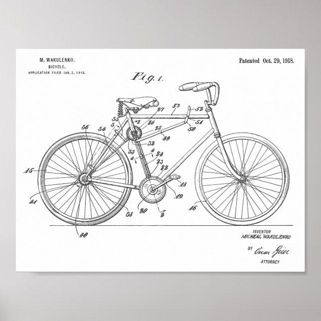1918 Chainless Bicycle Design Patent Art Print (Front)