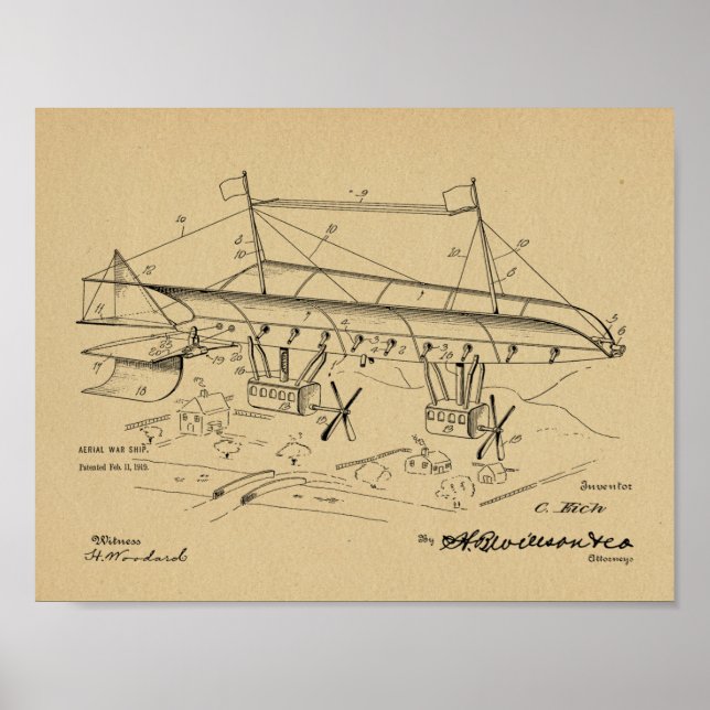 1919 War Airship Airplane Patent Art Drawing Print (Front)