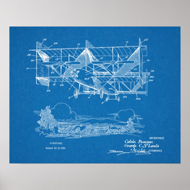 1920 Biplane Airplane Patent Art Drawing Print (Front)
