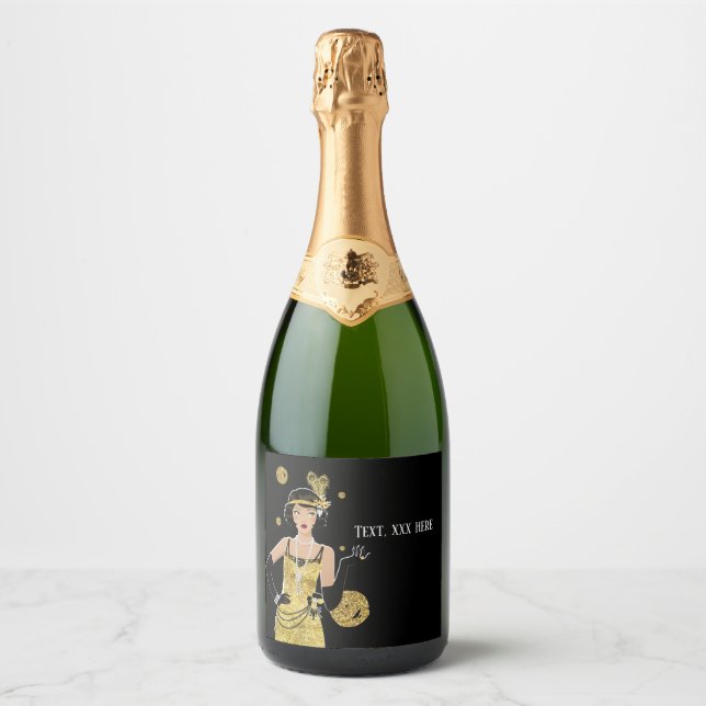 1920 flapper girl  gatsby , Art Deco Sparkling Wine Label (Front)