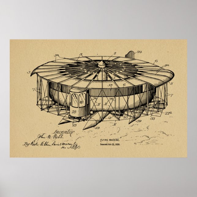 1920 Flying Machine Airplane Patent Art Drawing Poster (Front)