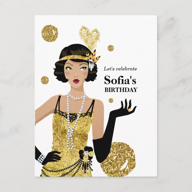 1920 invitation flapper girl, fête d'anniversaire (Devant)