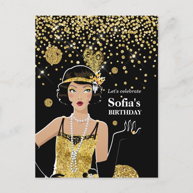 1920 invitation flapper girl, fête d'anniversaire (Devant)