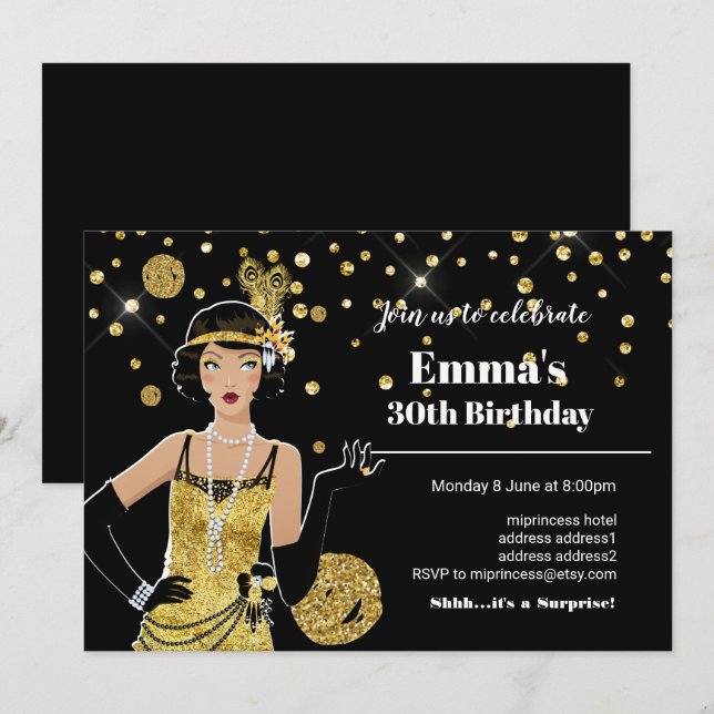 1920 invitation flapper girl, fête d'anniversaire (Devant / Derrière)