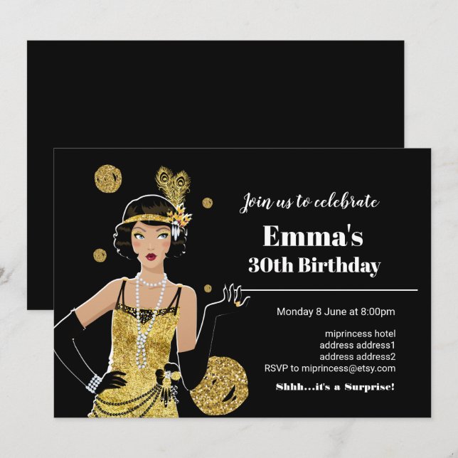 1920 invitation flapper girl, fête d'anniversaire (Devant / Derrière)