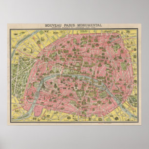1920 Scenic Sights Travel Map of Paris, France Poster