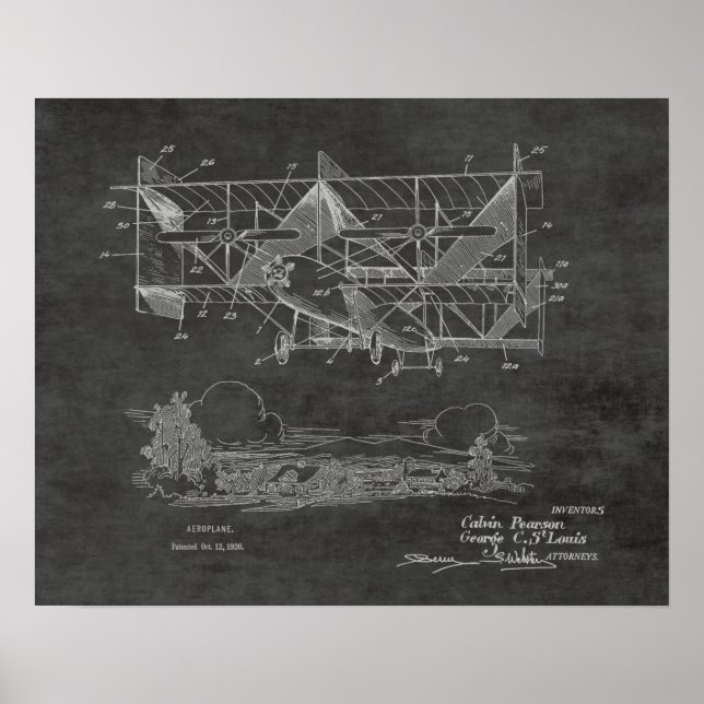 1920 Vintage Biplane Airplane Patent Drawing Print (Front)