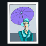 1920s 1930s Art deco ladies fashion, blue version Poster<br><div class="desc">From a black and white vintage art deco line drawing,  coloured by us.
Showing a young woman (flapper girl) with typical 1920s or 1930s clothing.
Colours: turquoise,  teal,  blueish grey (grey),  blueish purple,  skin.
Also available in 2 other colour combinations.</div>