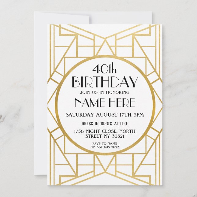 1920's Art Deco Birthday Gatsby Gold Invite (Front)