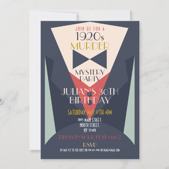 1920's Art Deco Birthday Gatsby Murder Mystery Invitation (Front)