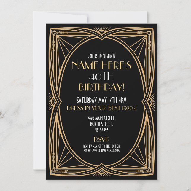 1920's Art Deco Birthday Gatsby Party Black & Gold Invitation (Front)