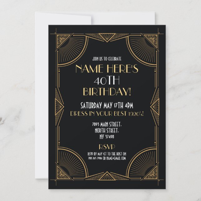 1920's Art Deco Birthday Gatsby Party Black & Gold Invitation (Front)