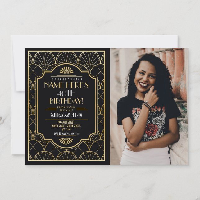 1920's Art Deco Birthday Gatsby Party Gold Invitation (Front)