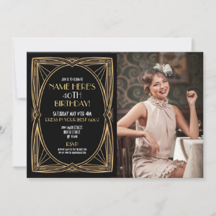 1920's Art Deco Birthday Gatsby Party Gold Photo Invitation