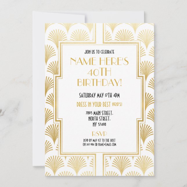 1920s Art Deco Birthday Gatsby Party Gold Twenties Invitation (Front)