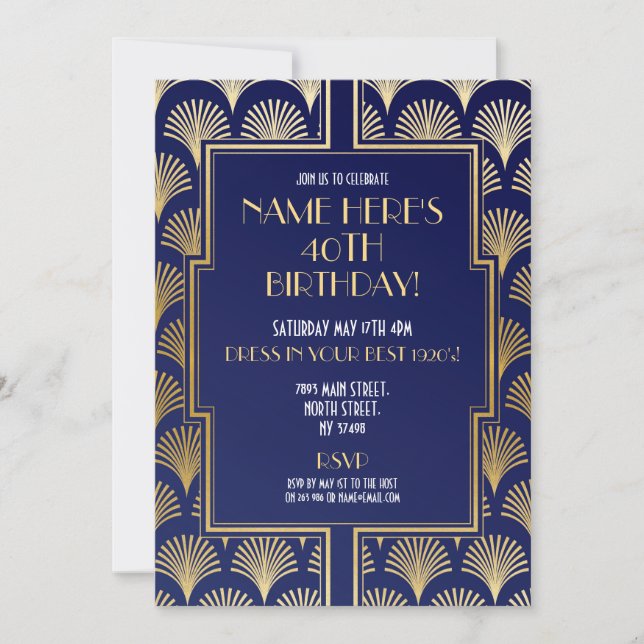 1920's Art Deco Birthday Gatsby Party Navy & Gold Invitation (Front)