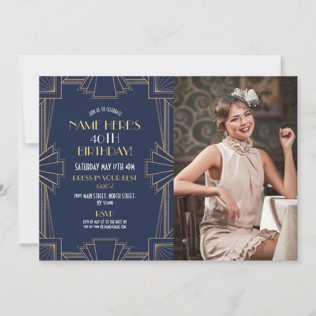 1920's Art Deco Birthday Gatsby Party Navy Photo Invitation (Front)