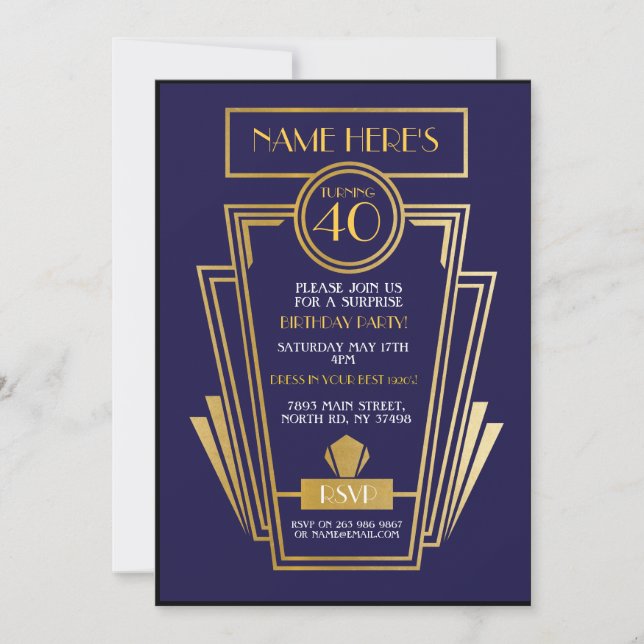 1920's Art Deco Birthday Invite Gatsby Party Navy (Front)