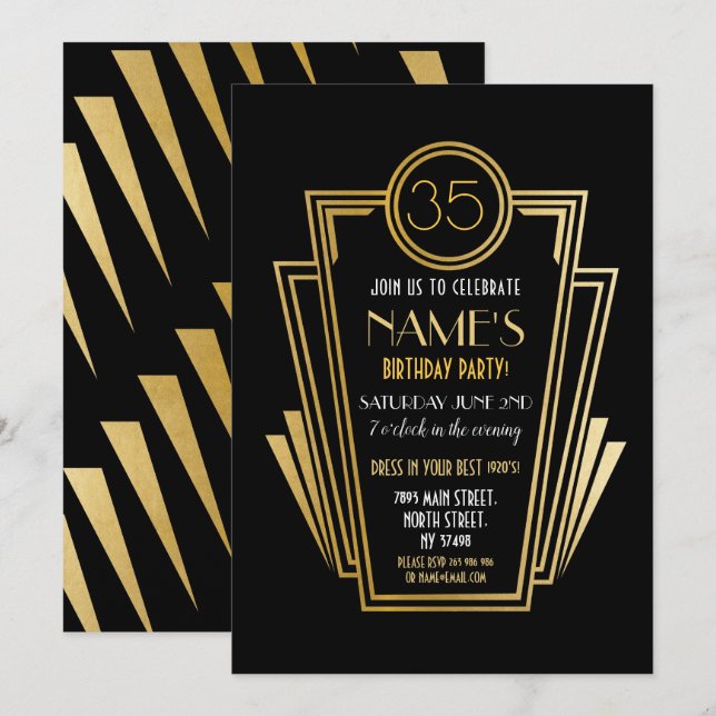 1920's Art Deco Birthday Party Gold Invite Gatsby (Front/Back)