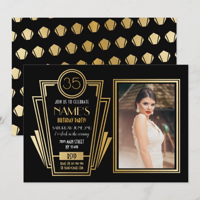 1920's Art Deco Birthday Party Photo Invite Gatsby (Front/Back)