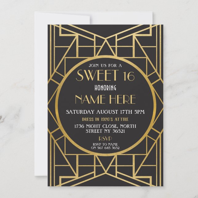 1920's Art Deco Birthday Sweet 16 Gatsby Party Invitation (Front)