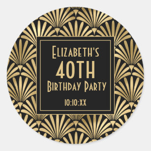 1920's Art Deco Black Gold Birthday Party Classic Round Sticker