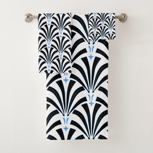 1920s Art Deco Black White & Blue Palmettos Bath Towel Set (Insitu)