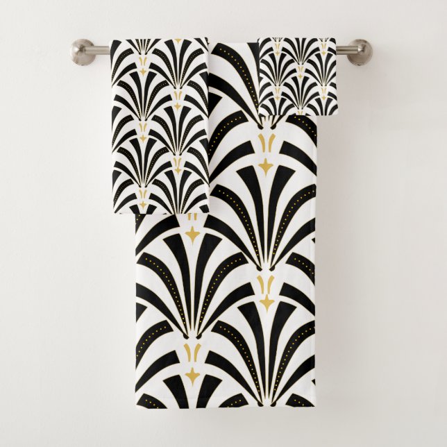 1920s Art Deco Black & White Palmettos Bath Towel Set (Insitu)